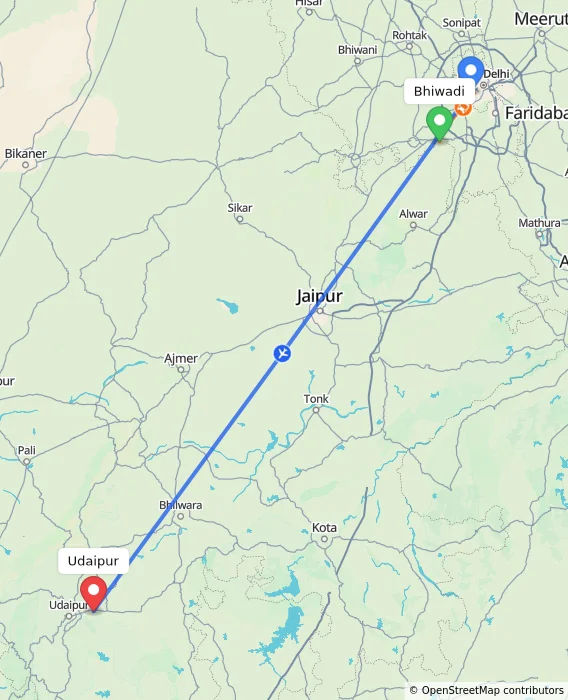 Route map showing distance and travel time from Bhiwadi, India to Udaipur, India
