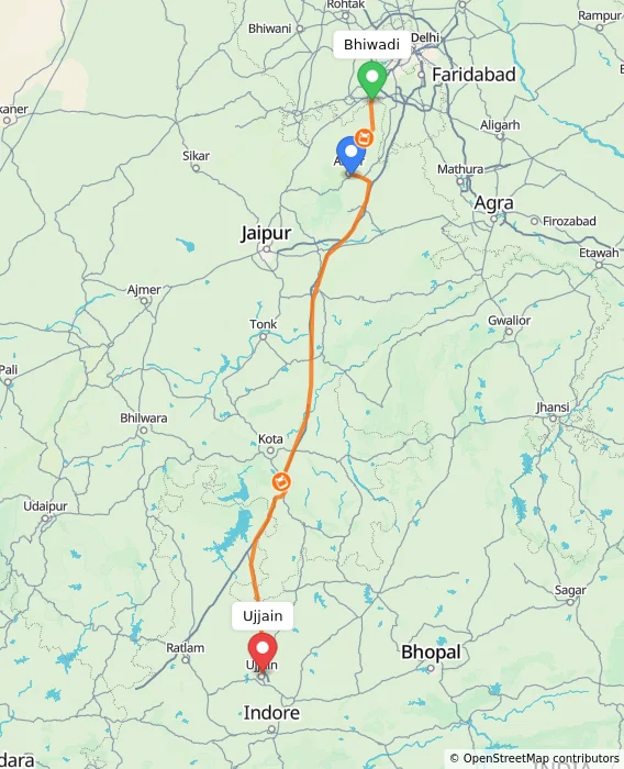 Route map showing distance and travel time from Bhiwadi, India to Ujjain, India