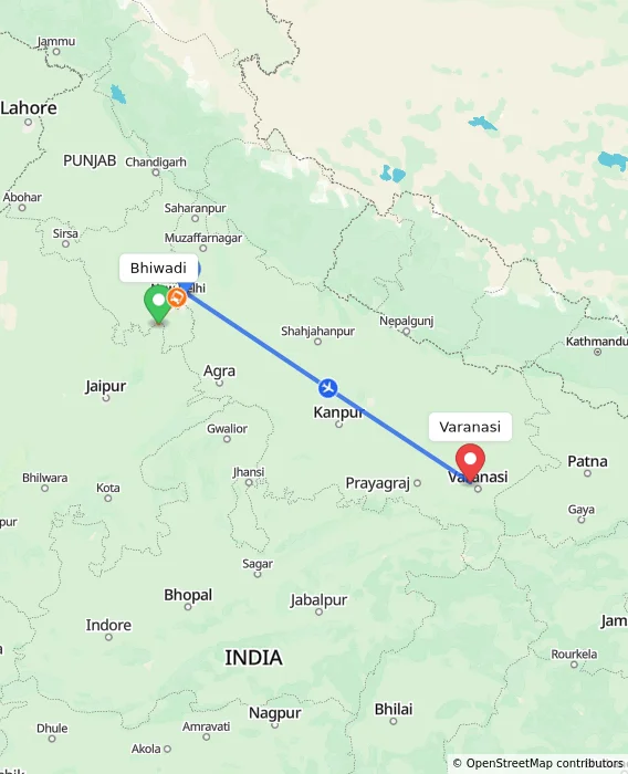 Route map showing distance and travel time from Bhiwadi, India to Varanasi, India