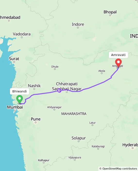 Route map showing distance and travel time from Bhiwandi, India to Amravati, India