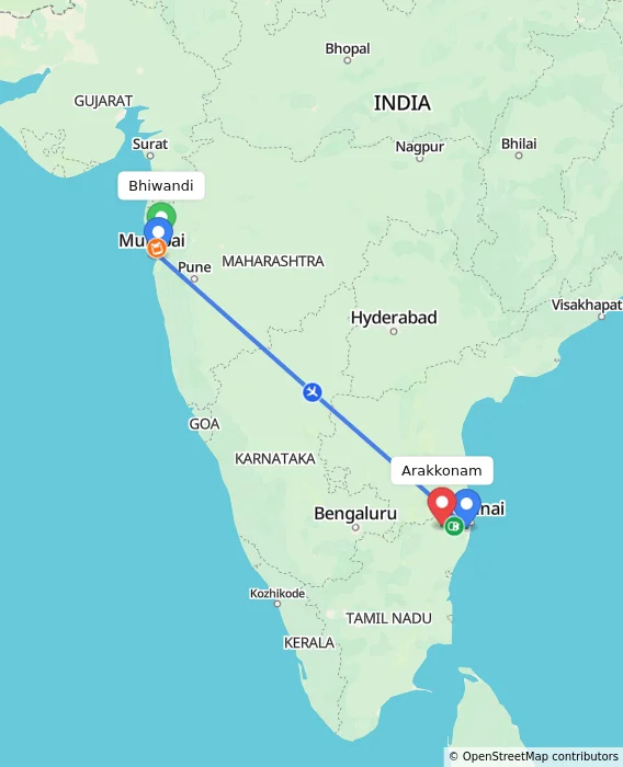 Route map showing distance and travel time from Bhiwandi, India to Arakkonam, India