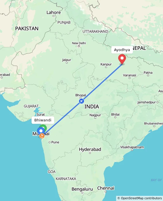 Route map showing distance and travel time from Bhiwandi, India to Ayodhya, India