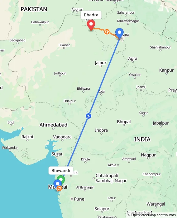 Route map showing distance and travel time from Bhiwandi, India to Bhadra, India