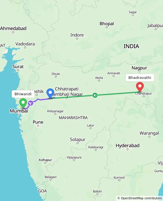 Route map showing distance and travel time from Bhiwandi, India to Bhadravathi, India