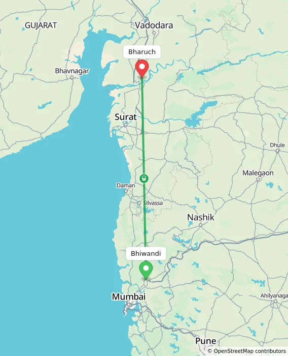 Route map showing distance and travel time from Bhiwandi, India to Bharuch, India