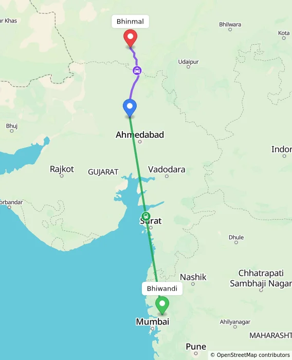 Route map showing distance and travel time from Bhiwandi, India to Bhinmal, India
