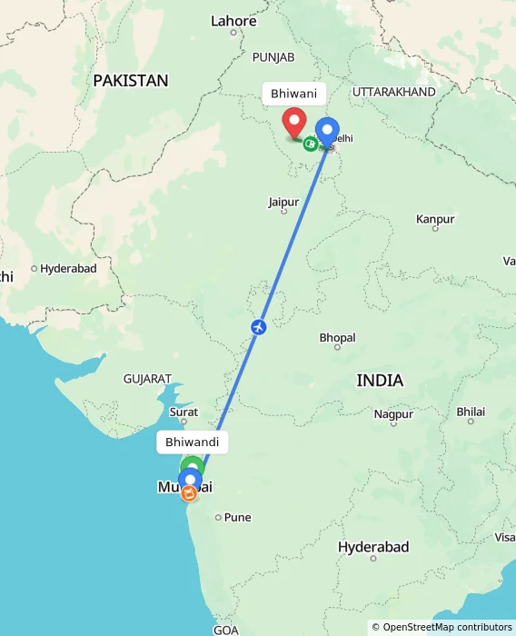 Route map showing distance and travel time from Bhiwandi, India to Bhiwani, India