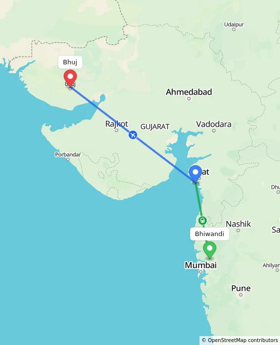 Route map showing distance and travel time from Bhiwandi, India to Bhuj, India