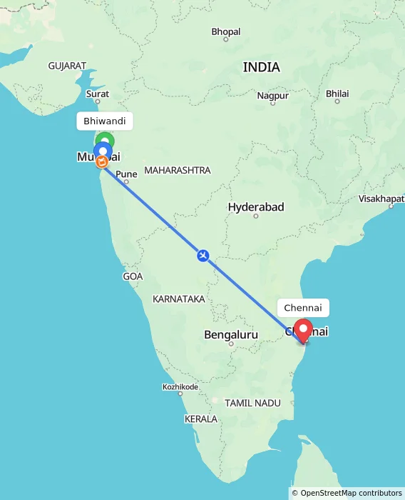 Route map showing distance and travel time from Bhiwandi, India to Chennai, India