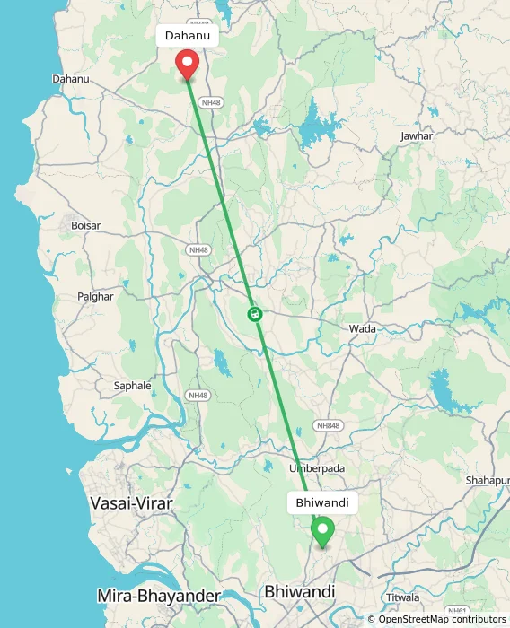 Route map showing distance and travel time from Bhiwandi, India to Dahanu, India