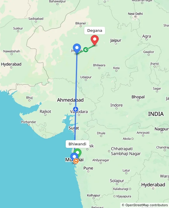 Route map showing distance and travel time from Bhiwandi, India to Degana, India