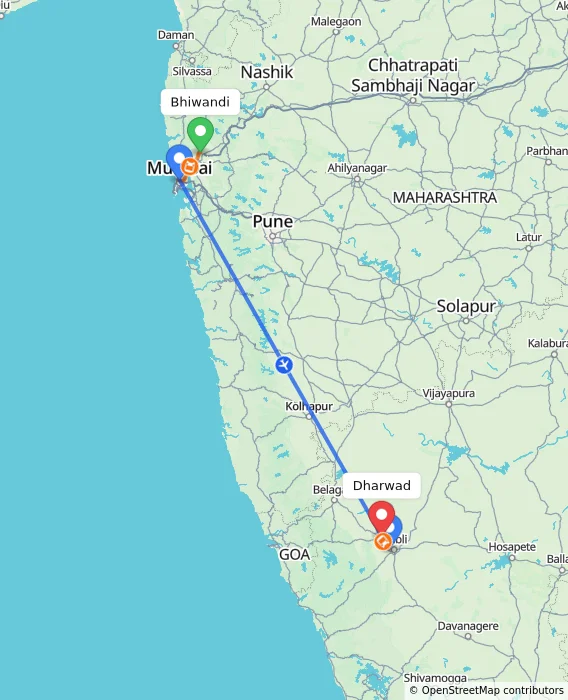 Route map showing distance and travel time from Bhiwandi, India to Dharwad, India