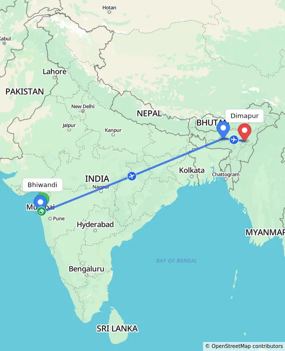 Route map showing distance and travel time from Bhiwandi, India to Dimapur, India