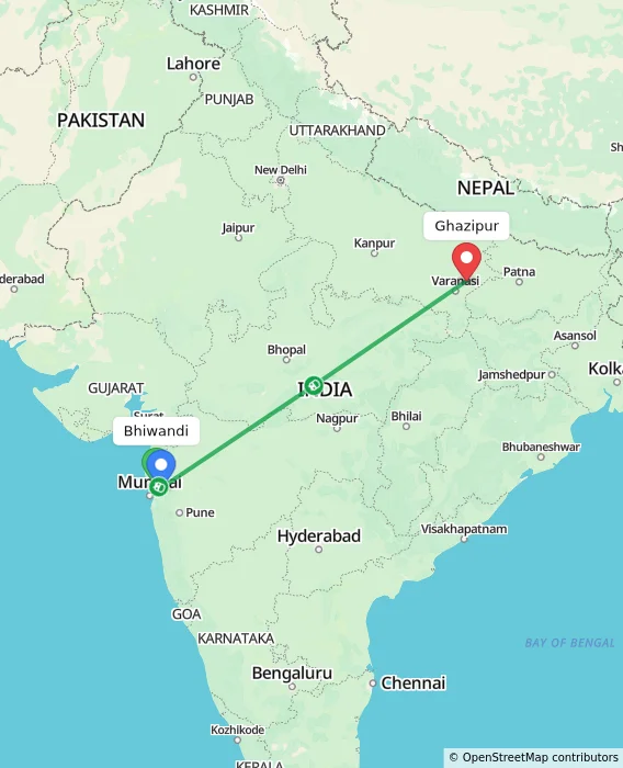 Route map showing distance and travel time from Bhiwandi, India to Ghazipur, India
