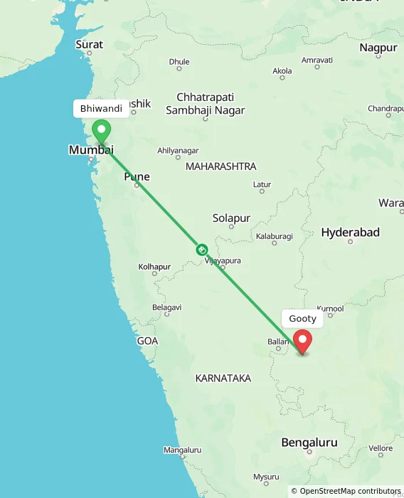 Route map showing distance and travel time from Bhiwandi, India to Gooty, India