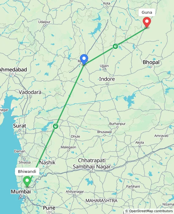 Route map showing distance and travel time from Bhiwandi, India to Guna, India