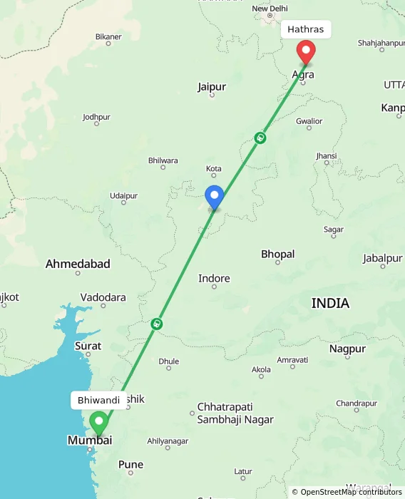 Route map showing distance and travel time from Bhiwandi, India to Hathras, India