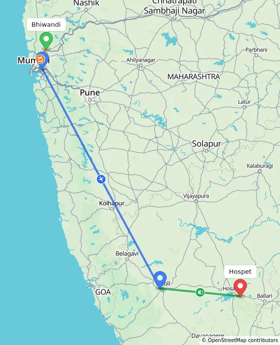 Route map showing distance and travel time from Bhiwandi, India to Hospet, India