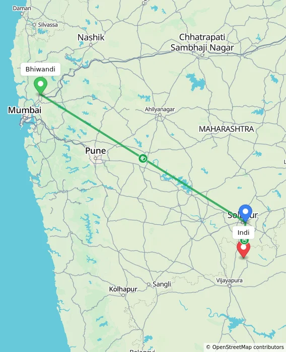 Route map showing distance and travel time from Bhiwandi, India to Indi, India