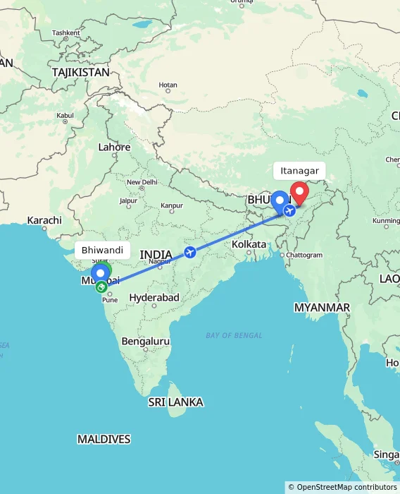 Route map showing distance and travel time from Bhiwandi, India to Itanagar, India