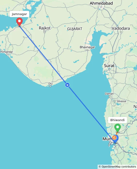Route map showing distance and travel time from Bhiwandi, India to Jamnagar, India