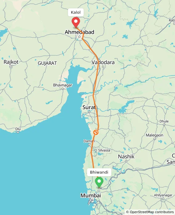 Route map showing distance and travel time from Bhiwandi, India to Kalol, India