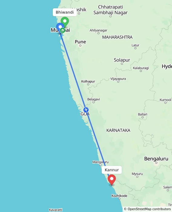 Route map showing distance and travel time from Bhiwandi, India to Kannur, India