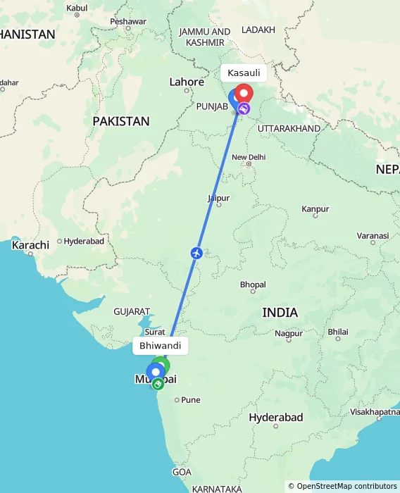 Route map showing distance and travel time from Bhiwandi, India to Kasauli, India