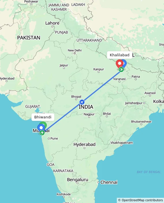 Route map showing distance and travel time from Bhiwandi, India to Khalilabad, India