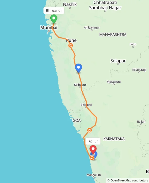 Route map showing distance and travel time from Bhiwandi, India to Kollur, India