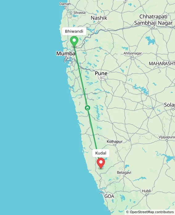 Route map showing distance and travel time from Bhiwandi, India to Kudal, India