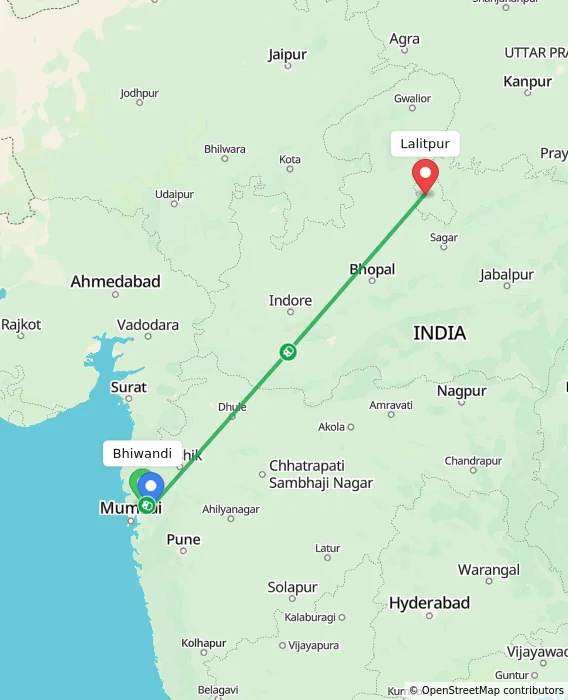 Route map showing distance and travel time from Bhiwandi, India to Lalitpur, India