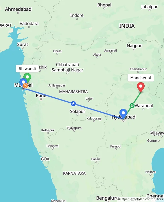 Route map showing distance and travel time from Bhiwandi, India to Mancherial, India