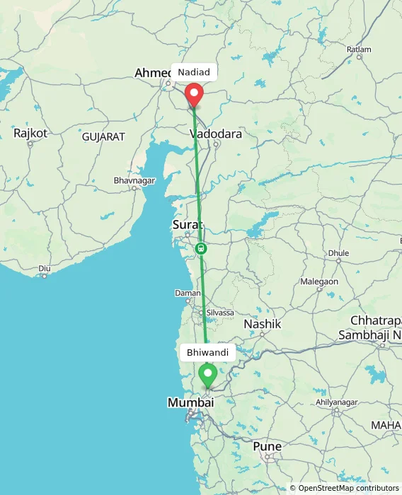 Route map showing distance and travel time from Bhiwandi, India to Nadiad, India