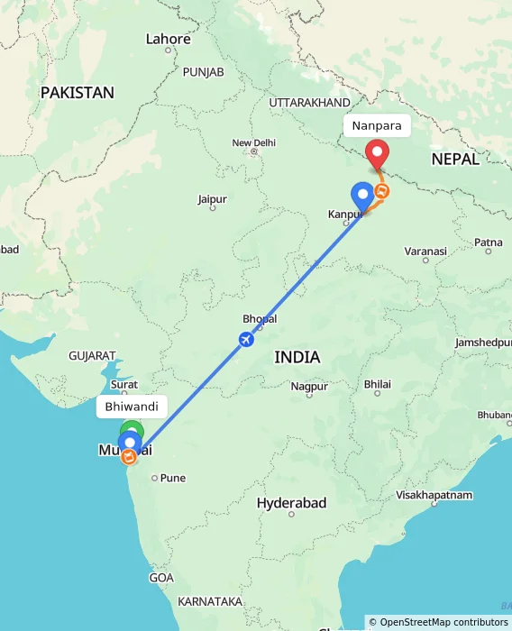 Route map showing distance and travel time from Bhiwandi, India to Nanpara, India