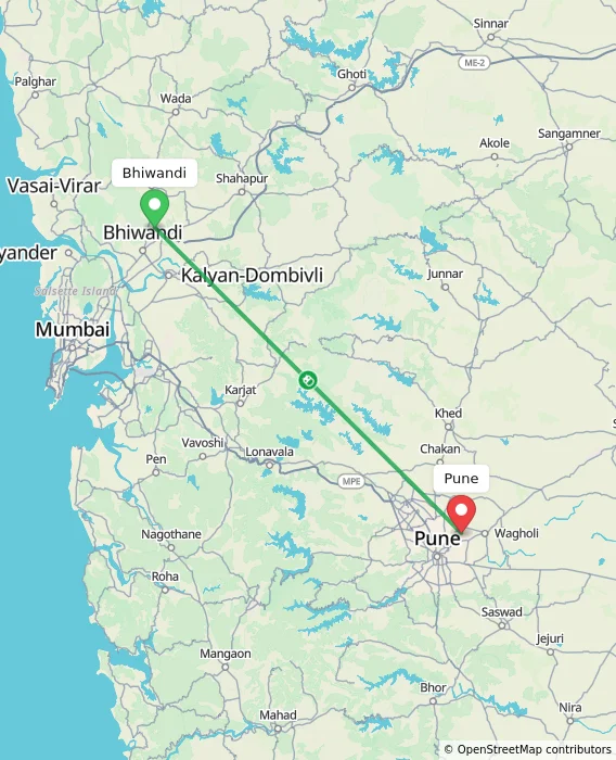 Route map showing distance and travel time from Bhiwandi, India to Pune, India