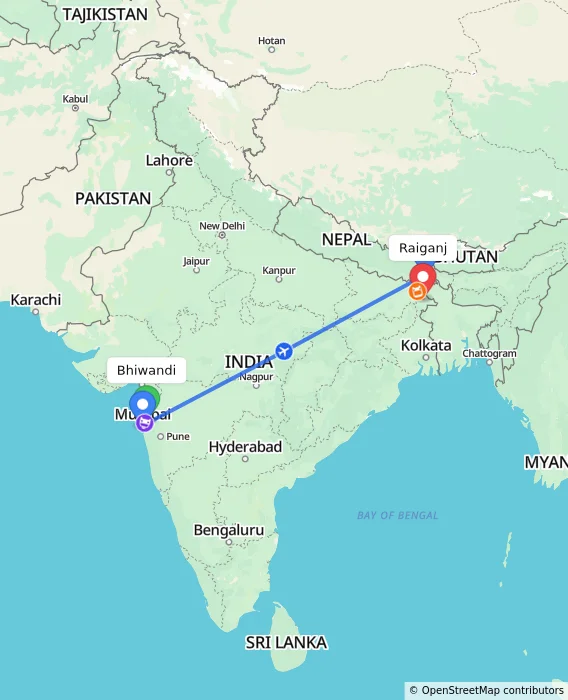 Route map showing distance and travel time from Bhiwandi, India to Raiganj, India