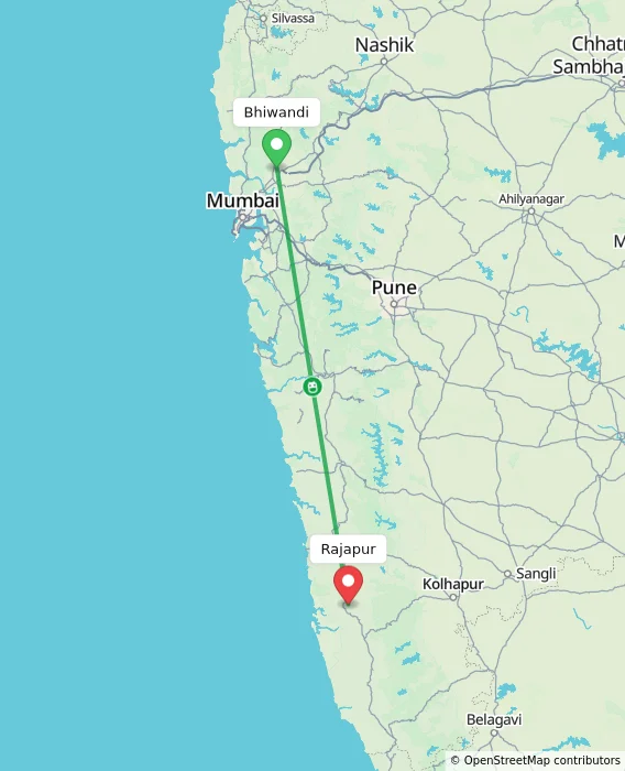 Route map showing distance and travel time from Bhiwandi, India to Rajapur, India