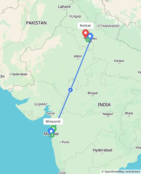 Route map showing distance and travel time from Bhiwandi, India to Rohtak, India