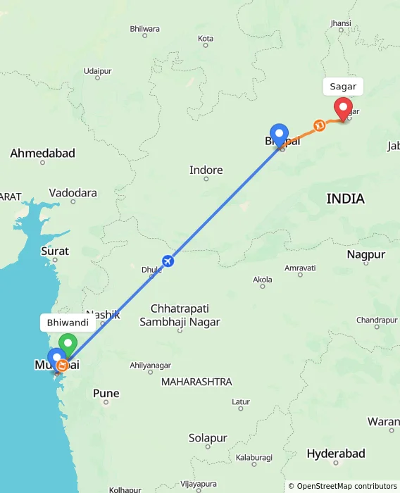 Route map showing distance and travel time from Bhiwandi, India to Sagar, India