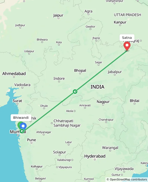 Route map showing distance and travel time from Bhiwandi, India to Satna, India