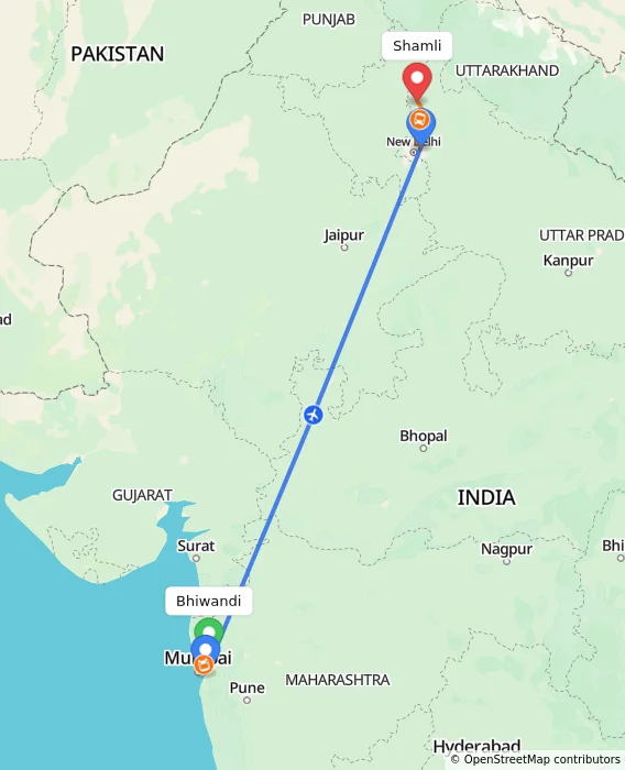 Route map showing distance and travel time from Bhiwandi, India to Shamli, India