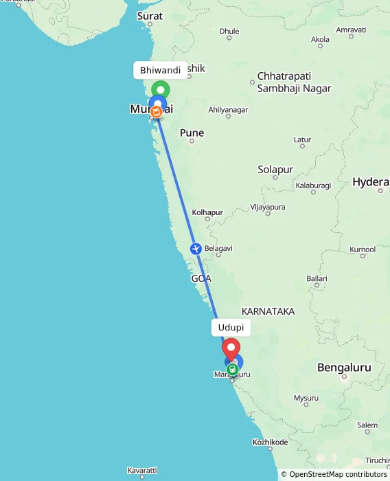 Route map showing distance and travel time from Bhiwandi, India to Udupi, India