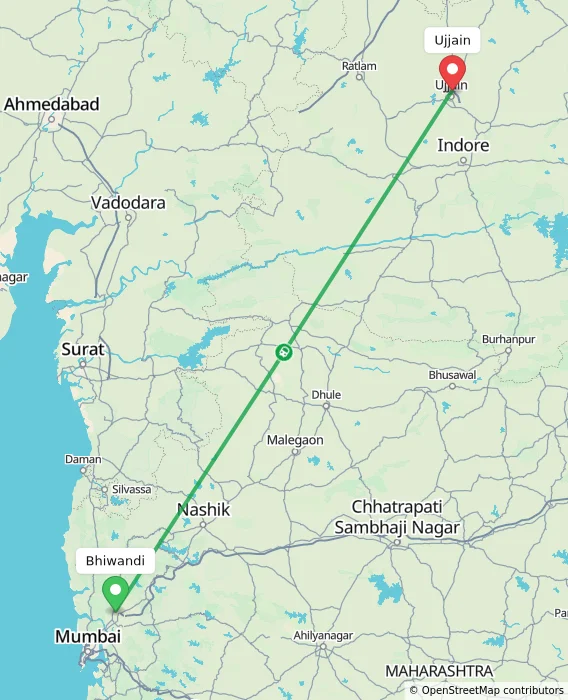 Route map showing distance and travel time from Bhiwandi, India to Ujjain, India