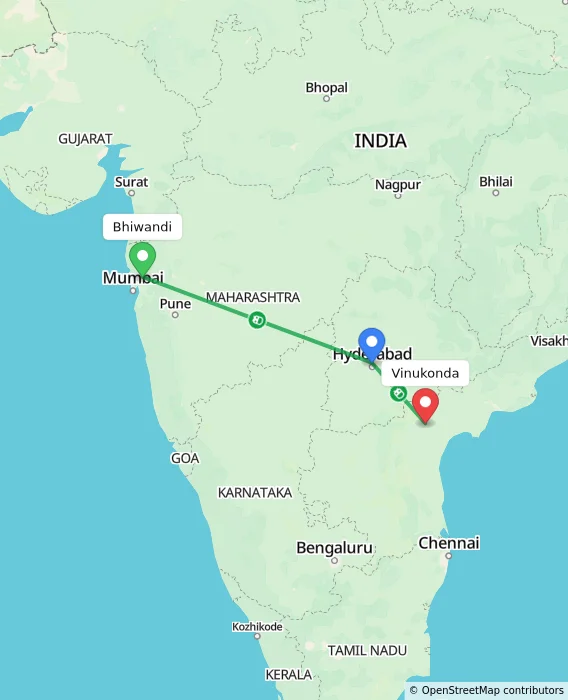 Route map showing distance and travel time from Bhiwandi, India to Vinukonda, India