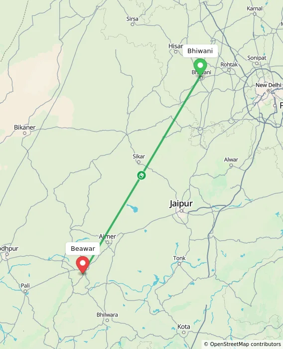 Route map showing distance and travel time from Bhiwani, India to Beawar, India