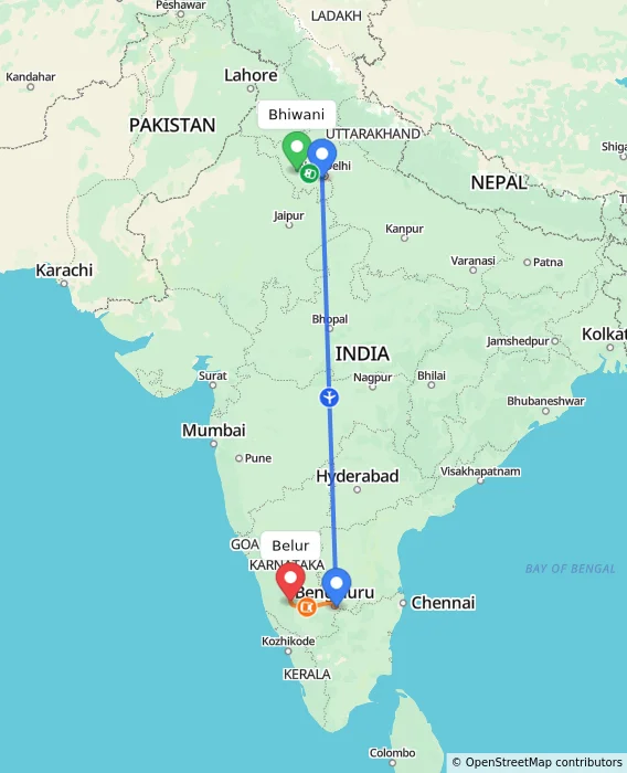 Route map showing distance and travel time from Bhiwani, India to Belur, India