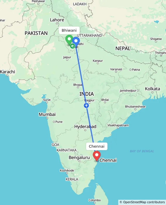 Route map showing distance and travel time from Bhiwani, India to Chennai, India