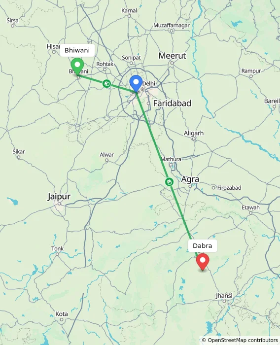 Route map showing distance and travel time from Bhiwani, India to Dabra, India
