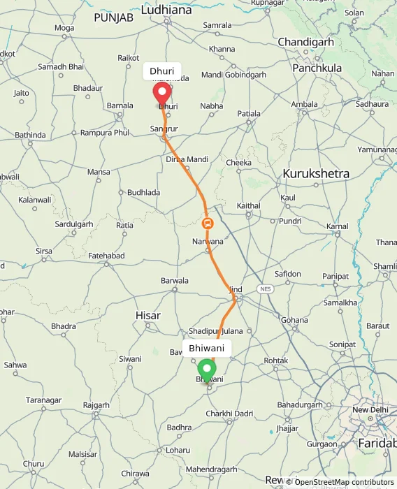 Route map showing distance and travel time from Bhiwani, India to Dhuri, India